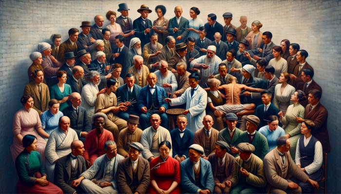 Early 20th-century British individuals engaging with an acupuncturist, displaying a blend of curiosity and skepticism towards the ancient Chinese practice.