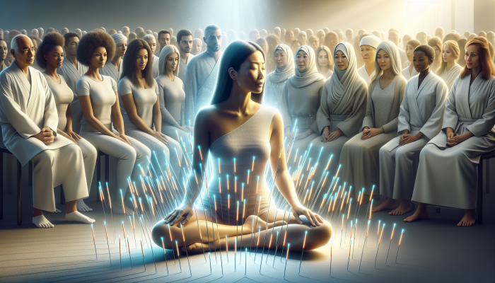 A serene Asian woman receiving acupuncture, surrounded by glowing needles, while a diverse crowd observes.