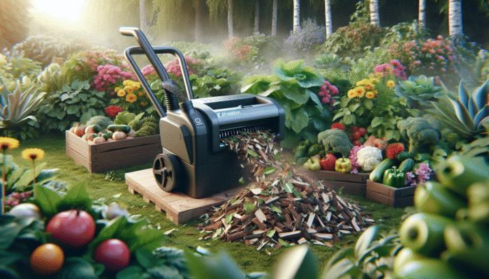 Electric shredders and chippers transforming garden waste into mulch, enhancing soil quality around vibrant plants.