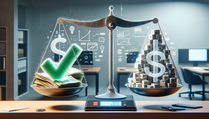 Debt Consolidation Loan Income Requirements: A Comprehensive Overview | DCL A scale balancing bills and a paycheck, with a green checkmark indicating lower debt, in a financial office.