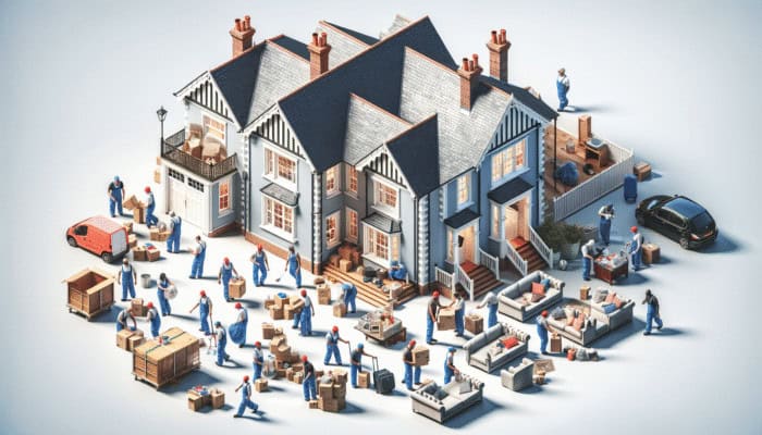 House Clearance Quotes in the UK Compared: A team clearing a large UK home, demonstrating how property size influences clearance expenses.
