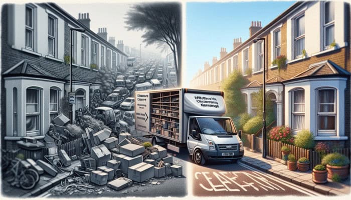 Urban London street with a congested clearance van versus a calm suburban area with efficient van access.