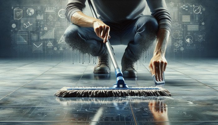 Individual cleaning stone floor with pH-neutral cleaner and mop, eliminating dust and grime in preparation for polishing.