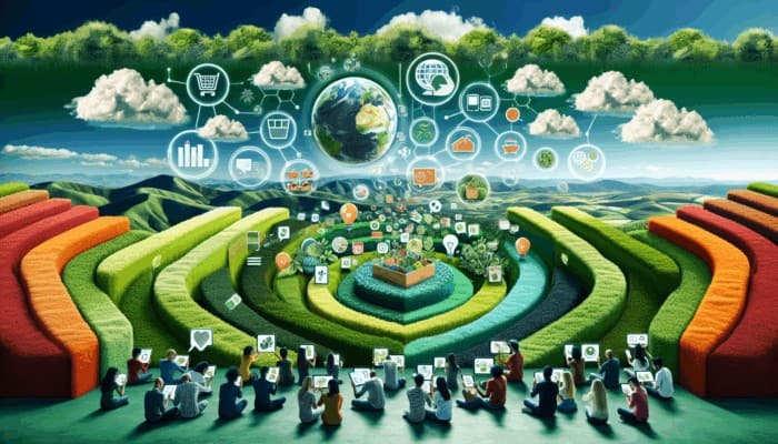 Infographic displaying trends in sustainable living, zero-waste tips, and reviews of eco-friendly products, featuring diverse consumers engaging with digital devices.
