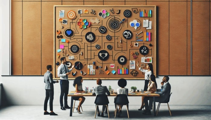 A creative workspace featuring a planning board and team members collaborating on video content strategies.