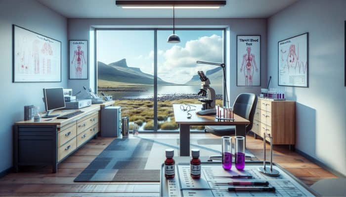 Infographic detailing the thyroid blood test procedure in a modern Inverness clinic with a Scottish landscape view.