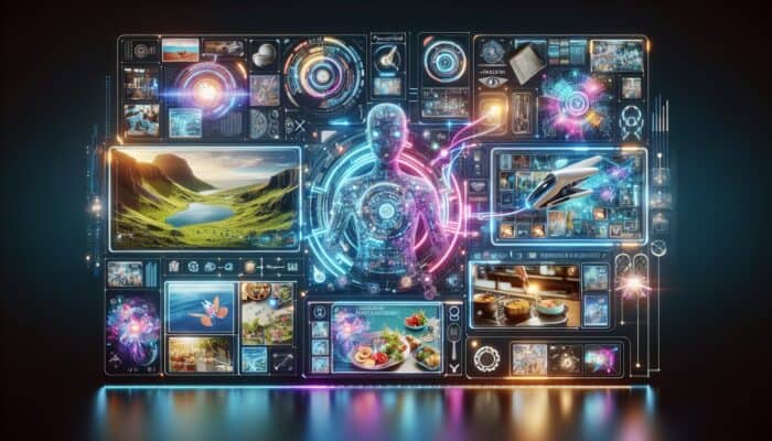 Utilising AI Chatbots for Interactive Video Experiences: A futuristic interface showcasing personalised videos with AI chatbot enhancing viewer engagement through travel and cooking shows.