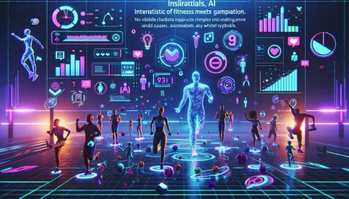 A futuristic fitness video interface showcasing points, badges, leaderboards, animated avatars, and AI chatbots in a vibrant digital environment.