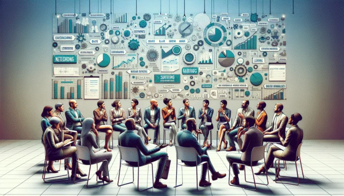 A lively networking event showcasing diverse professionals forming authentic connections in a contemporary conference environment.