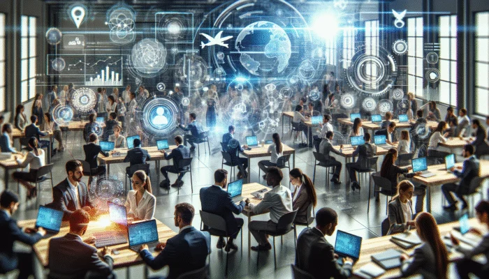 A diverse group of professionals engaged in a focused workshop, utilising modern technology and networking for career advancement.