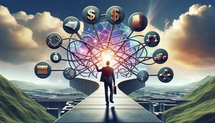 Key Terms in Debt Consolidation: A Beginner's Guide | DCL A person confidently navigating a clear path through a complex financial landscape with labeled signposts under a bright sky.