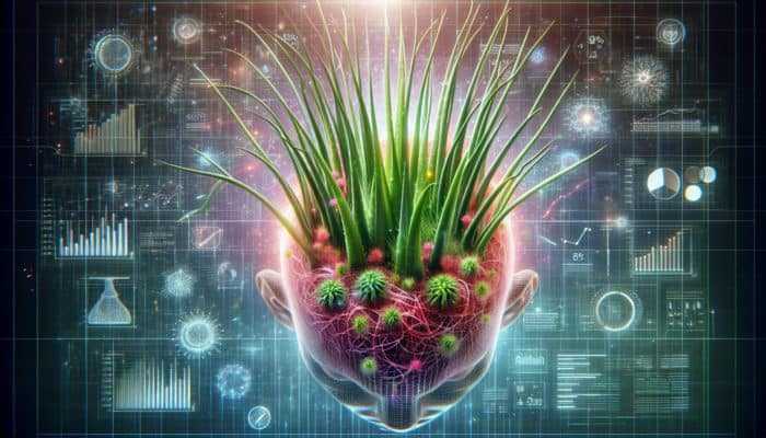 A vibrant scalp with healthy hair growth, treated with tea tree oil and aloe vera, showing a soothed, dandruff-free environment.