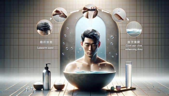 Person washing hair with lukewarm water, transitioning to cool rinse, enhancing hair shine and reducing frizz.