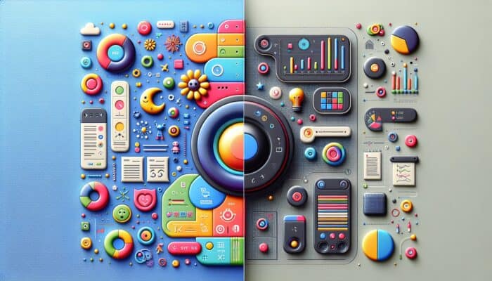 A split-screen image displaying a colourful circular button for a children's app and a muted rectangular button for a financial services firm.