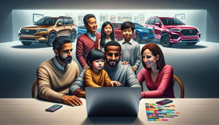 Family analysing SUV rental options on a laptop, featuring logos of Enterprise, Hertz, Avis, Turo, and Getaround; SUVs in the background.