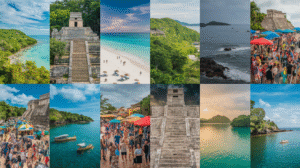 A collage of twelve images displaying beaches, ancient stone ruins, lush landscapes, ocean views, bustling festivals with market stalls, boats on the water, and people on sandy shores under both blue and cloudy skies—ideal for a Belize travel guide.