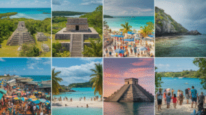 A collage of eight images featuring ancient Mayan ruins, busy beaches, crystal-clear turquoise waters, a marketplace adorned with colourful umbrellas, tourists, and tropical landscapes under Belize's sunny and partly cloudy skies.
