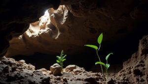 A small cave with rocky walls and an opening above letting in sunlight. Highlighting the rich biodiversity found in Belizean caves, two green plants grow from the rocky ground near the light source.