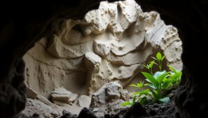 A view from within a Belizean cave, looking out toward layered beige rock formations. Sunlight illuminates green plants near the entrance, hinting at the region’s rich biodiversity.