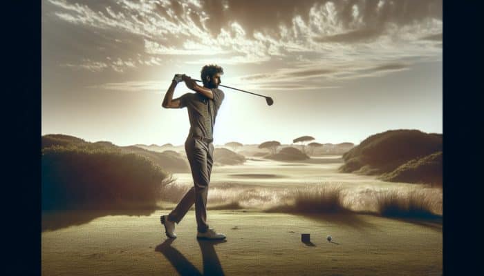 Golfer swinging on South African course during mid-morning with optimal lighting and unobtrusive background.