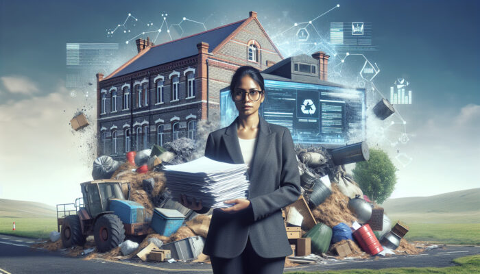 Individual holding council permits in front of a house laden with bulky items and hazardous waste, with a UK town hall in the background.