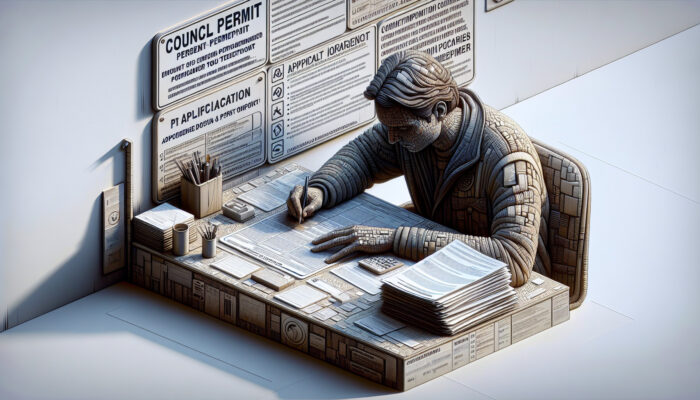 A person diligently completing a council permit application form at a desk filled with documents and guidelines.