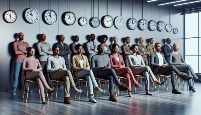 Diverse individuals waiting in an office with permit applications while clocks display varying times.
