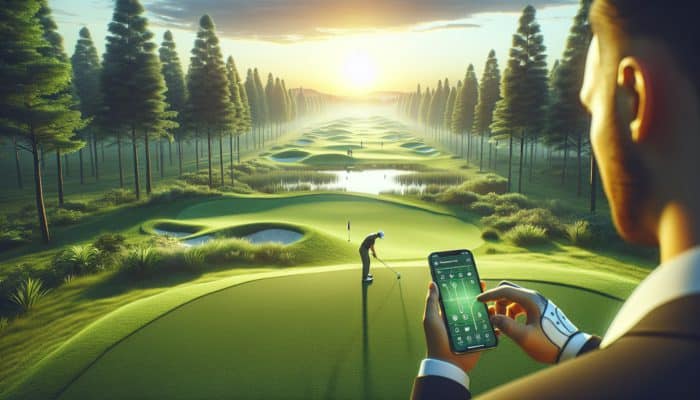 Golfer using a smartphone app on a peaceful sunset golf course to analyse swing data.