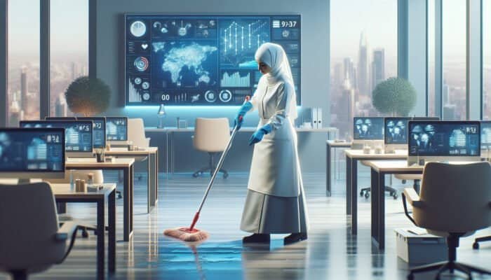 A professional cleaner sanitising a modern office, highlighting hygiene and cleanliness.