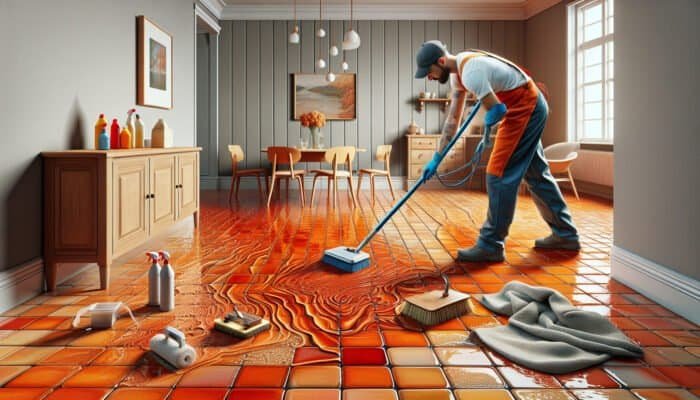 A professional cleaner restoring a vibrant terracotta floor in a UK home using specialised tools.