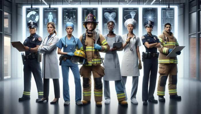 A diverse group of professionals in uniforms holding service symbols in a modern office with a directory sign.