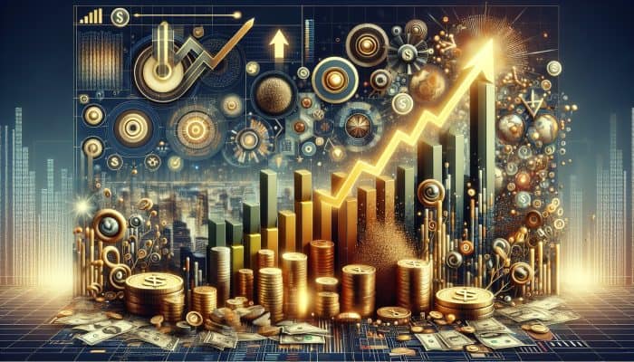 A vibrant financial dashboard with investment charts, gold coins, and a rising stock market graph against a city skyline.