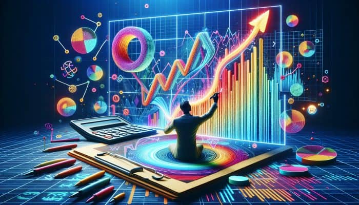 A person marking payments on a colourful chart, surrounded by graphs and a debt calculator, celebrating financial progress.