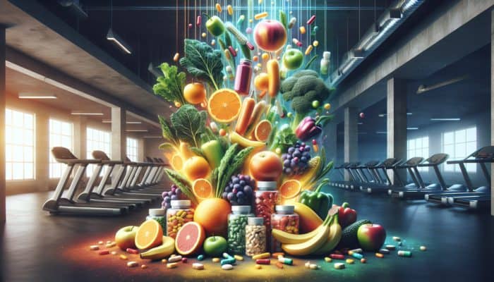 A vibrant assortment of fruits, vegetables, and supplements in a gym, highlighting key nutrients for beginners in fitness.