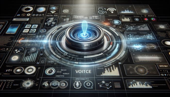 Futuristic digital interface showcasing voice search optimisation elements like SEO analytics and voice command icons.