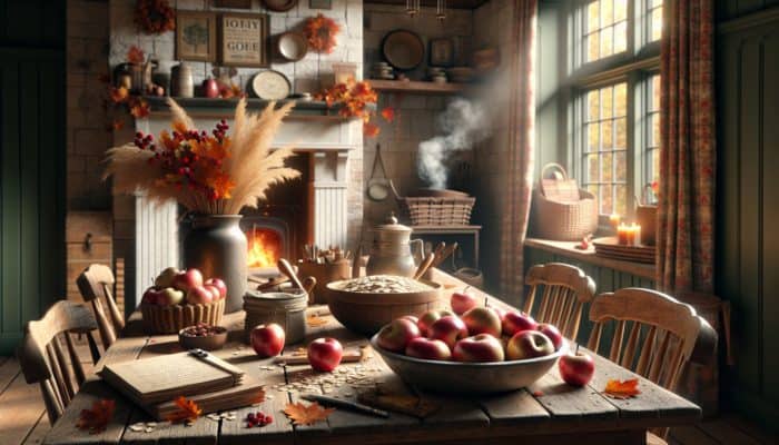Fresh apples, oats, and smoking wood chips arranged on a wooden table, complemented by autumn leaves and a fireplace.