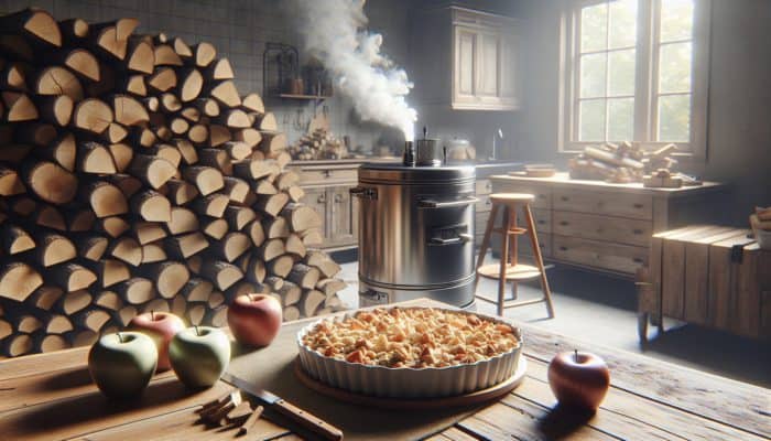 Logs of hickory and applewood positioned near a smoker, enhancing the flavour of the apple crisp with oat topping.