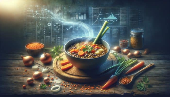 A steaming bowl of hearty lentil soup filled with carrots, onions, and celery, beautifully presented on a rustic wooden table.
