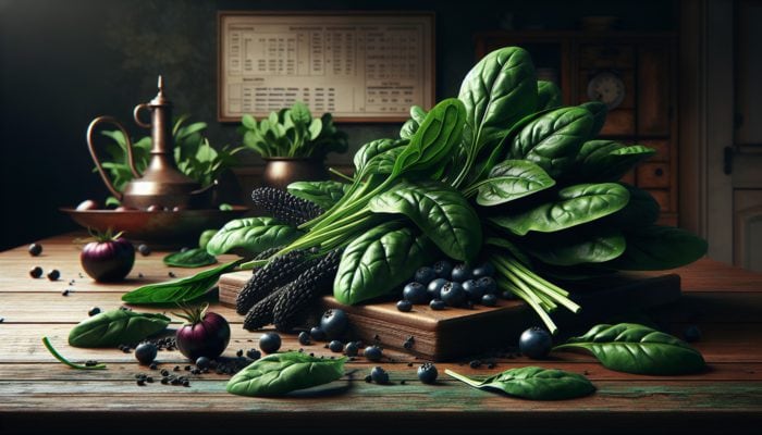 Fresh spinach and dark leafy greens displayed in a rustic kitchen, emphasising their iron content for vegetarian diets.