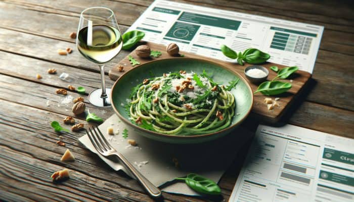 Al dente pasta dressed with vibrant green arugula and spinach pesto, garnished with Parmesan and nuts.