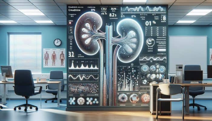 A medical chart displaying kidney test results with normal and abnormal ranges in a Smethwick clinic.