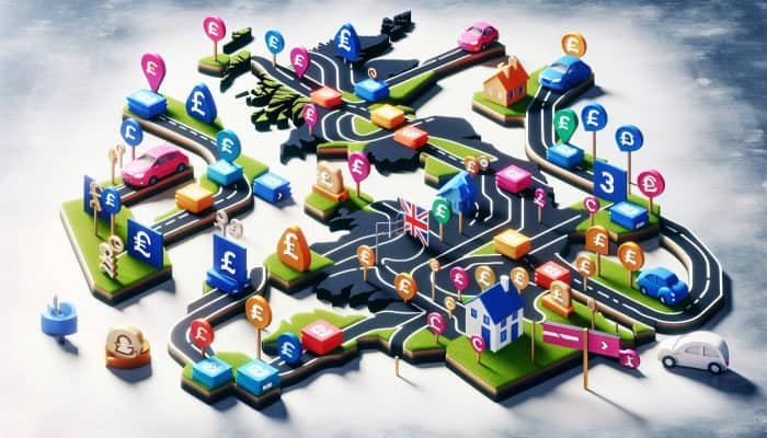How to Consolidate Debt Across State Lines: A Guide | DCL A UK map illustrating various debt consolidation loan options with paths and signposts indicating unique benefits and customised solutions.