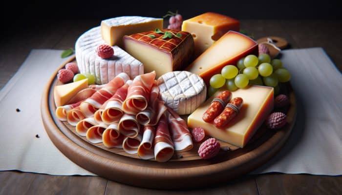A charcuterie board with prosciutto and brie, chorizo and gouda, and assorted smooth and crumbly cheeses.