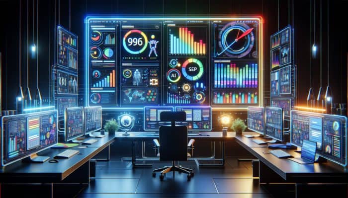 A futuristic dashboard demonstrating AI-enhanced SERP analysis with graphs and charts in a modern office.
