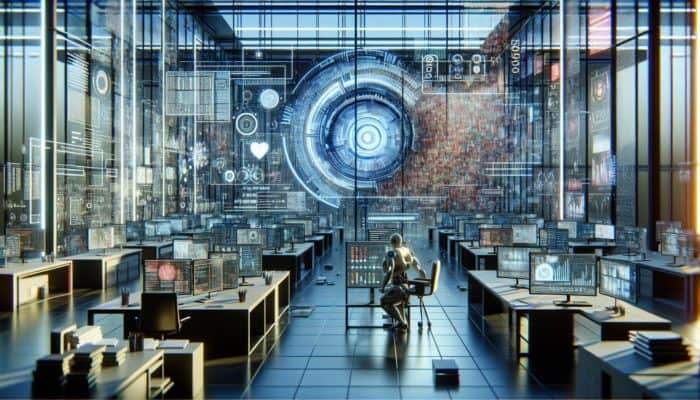 AI in a futuristic lab analysing SERP data, revealing biases in graphs and grappling with human emotions and cultural contexts.