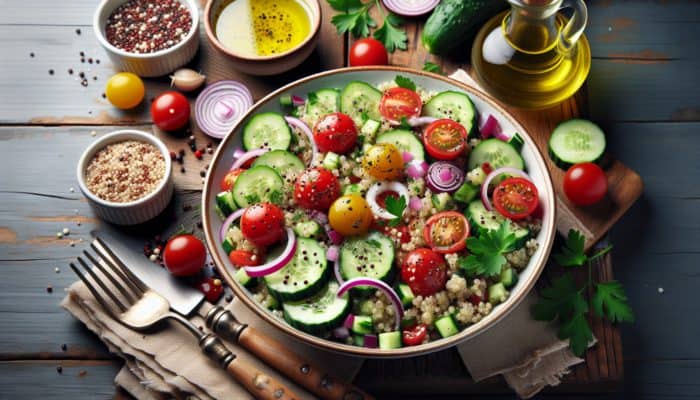 Mediterranean quinoa salad featuring tomatoes, cucumber, onion, parsley, and lemon dressing on a rustic wooden table.
