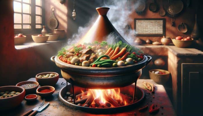 A Moroccan tagine pot simmering on low heat with meat, vegetables, and spices, steam rising under a conical lid.