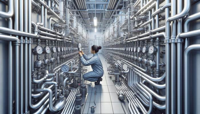 A technician inspecting the pressure gauge of a hydronic heating system in a well-maintained boiler room.