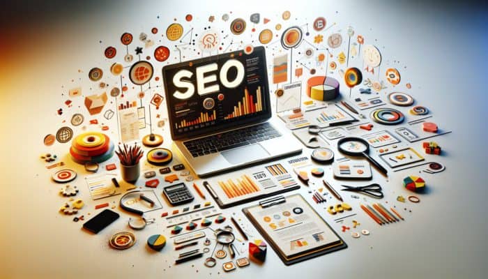 A laptop displaying SEO analytics, surrounded by notes and guides on brand-driven long-tail queries, highlighting keyword-rich content and a conversational tone.