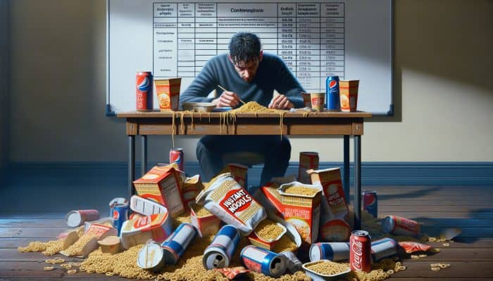 A fatigued UK worker surrounded by desk clutter including instant noodles, fast food, and energy drinks, struggling with nutrition due to long hours.
